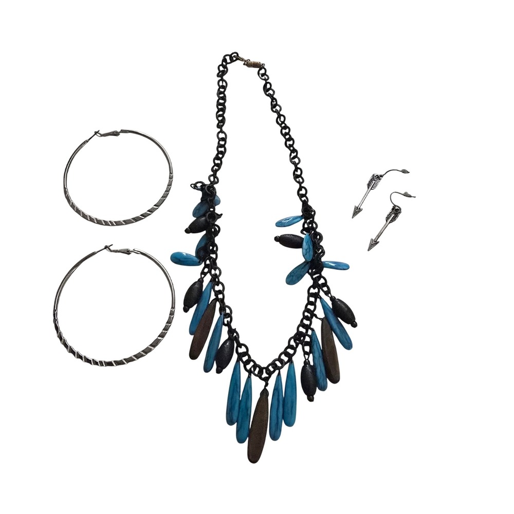 Boho Jewelry Lot Turquoise Teardrop Necklace Silver Hoop & Arrow Earrings Set
